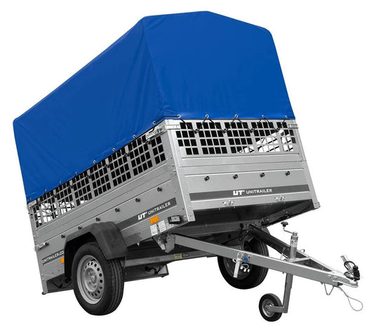 Garden Trailer 201 KIPP 200x125 tarpaulin trailer with mesh side extension, blue tarpaulin, high frame and jockey wheel