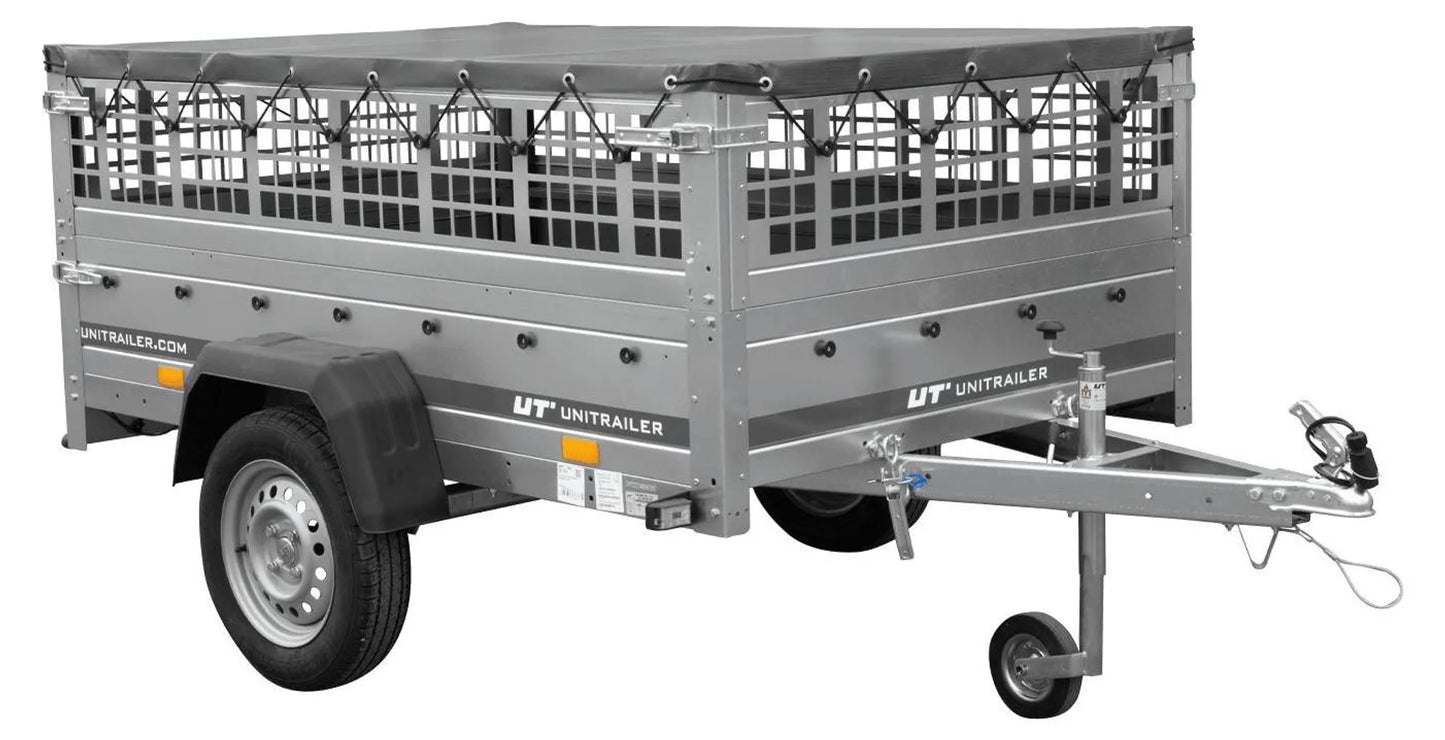 Car trailer GARDEN TRAILER 201 TIPP with mesh side extensions, support wheel and flat tarpaulin