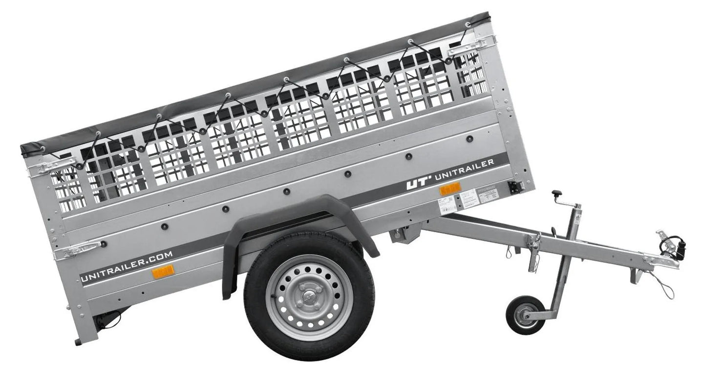 Car trailer GARDEN TRAILER 201 TIPP with mesh side extensions, support wheel and flat tarpaulin