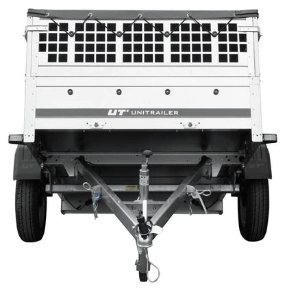 Car trailer GARDEN TRAILER 201 TIPP with mesh side extensions, support wheel and flat tarpaulin